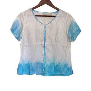 J. Jill Womens Petite 8P Blue White Dip Dye Floral Jacquard Linen Button Top